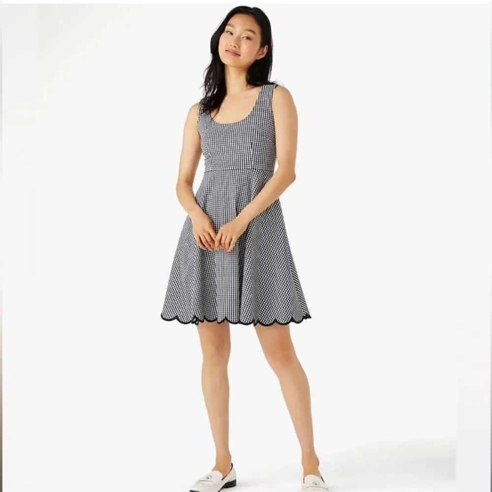 NWT Kate Spade Jazzy Gingham Scalloped Ponte Dress black white‎ size S fit flare